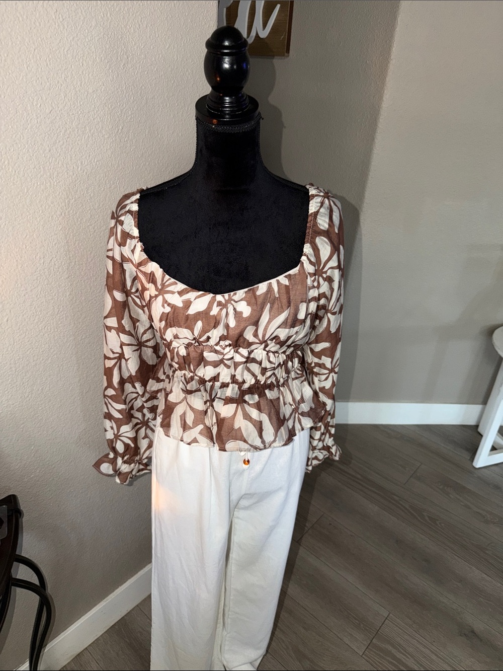 Love Tree Brown and White Floral Peplum Blouse